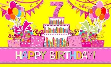 Happy Birthday! Greeting card. Celebration  background with 7 number , Balloons, colorful flags, gift boxes, cake and place for your text. Horizontal card format for web banner or header
