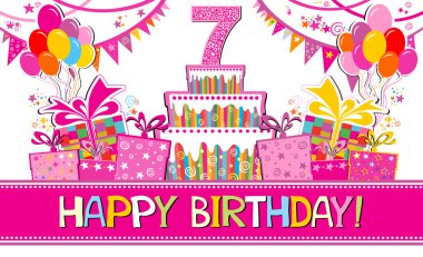 Happy Birthday! Greeting card. Celebration  background with 7 number , Balloons, colorful flags, gift boxes, cake and place for your text. Horizontal card format for web banner or header