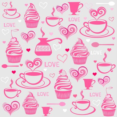 Kekler ve fincanlarla kusursuz bir arka plan. Klasik restoran menüsü. Yiyecekler ve içecekler kusursuz karalama kalıpları. Vejetaryen kafe. resimleme