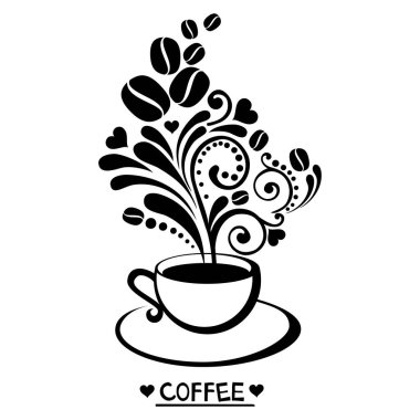 Cup of coffee with floral design elements isolated on white background. Cup of Fresh Coffee. Flat Style. Decorative Design for Cafeteria, Posters, Banners, Cards. Illustration