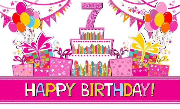 Happy Birthday! Greeting card. Celebration  background with 7 number , Balloons, colorful flags, gift boxes, cake and place for your text. Horizontal card format for web banner or header