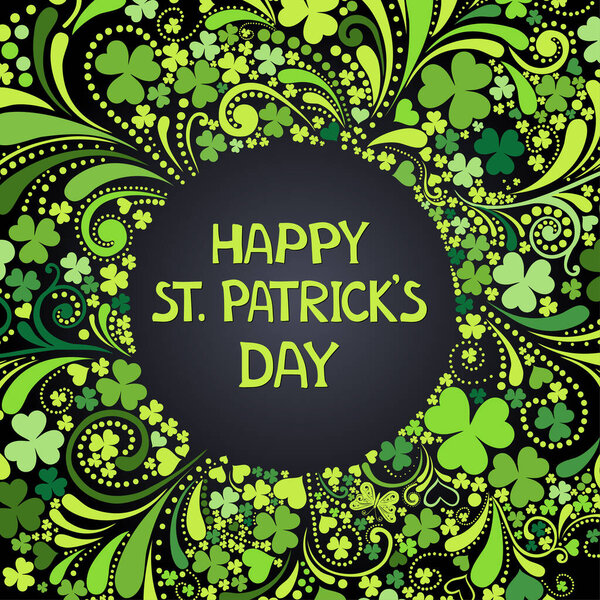 St. Patrick's day background in green colors. Irish holiday Saint Patricks Day. Vector with for greeting card, poster, celebration banner. Illustration of clover, leprechaun hat with green splashes.