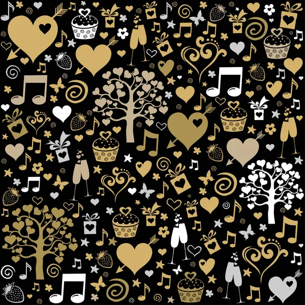 Valentine seamless pattern with hearts, Cupcakes, gift boxes, flowers, notes, stars. Perfect for wallpaper, web page background, textile, greeting cards and wedding invitations. Vector Illustration