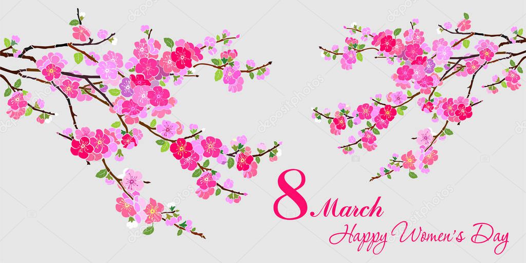 8 march. International women's day poster. Holiday Greeting Card. Women's Day card with floral elements isolated on  background and place for your text. Cherry blossom. Sakura. Vector Illustration