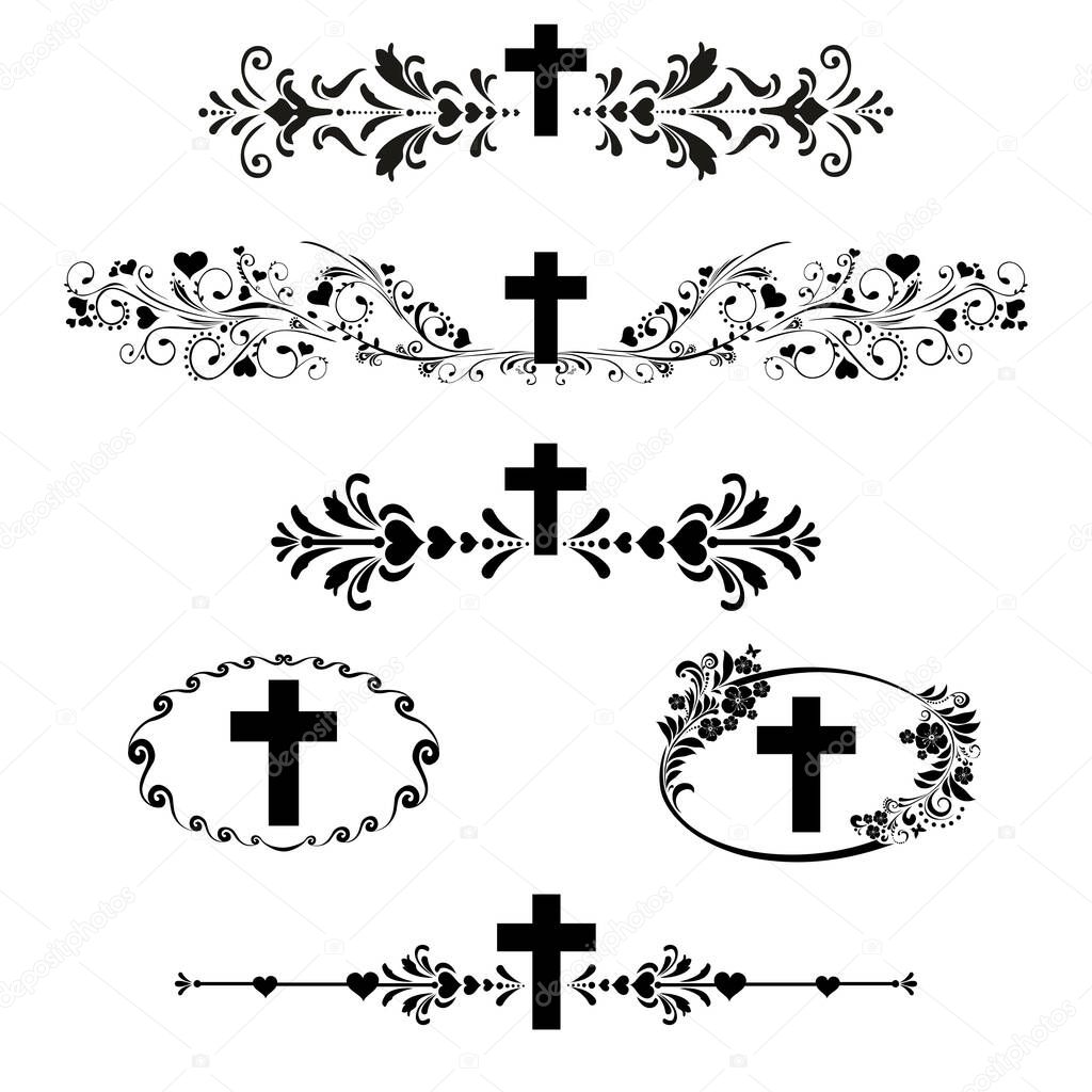 Cross icons set. Obituary notice - art deco frames with cross. Collection of Christian Symbol design elements isolated on White background. Vector illustration