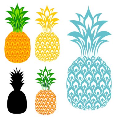 Beyaz arkaplanda izole edilmiş çeşitli ananas kümeleri