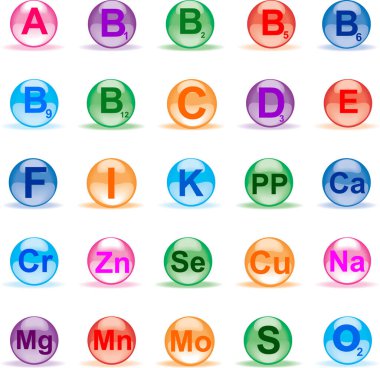 Beyaz arkaplanda izole edilmiş renkli vitamin baloncukları