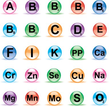 Beyaz arkaplanda izole edilmiş renkli vitamin baloncukları