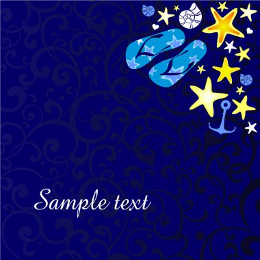 Süslü arka planda taklalar, kabuklar ve deniz yıldızları