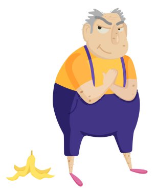 grandpa in purple jumpsuit and pink slippers threw a banana peel and waits for what will happen next clipart