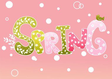 Bahar kartpostalı. Pembe arka planda dekoratif süslemeleri olan el yazısıyla yazılmış bir el yazısı. Mevsimlik illüstrasyon. Kartpostal çizimleri ya da tebrikler.