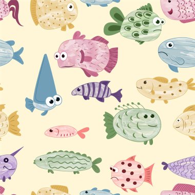 Sarı arka planda renkli balıklı desen