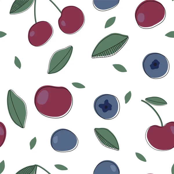 Vektornahtloses Muster Mit Beeren Und Blättern Kirschen Und Blaubeeren — Stockvektor