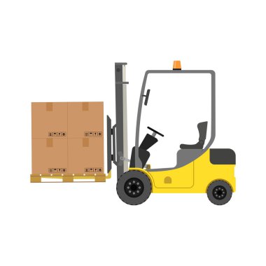 Düz karakter forklift ve palet vektör grafikleri