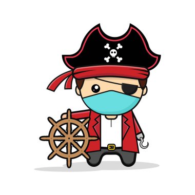 Kawai illüstrasyon korsanları tıbbi yüz maskeli vektör grafikleri kullanıyorlar