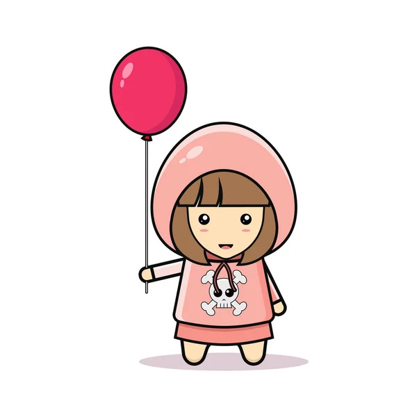 Kawai插图小女孩拿着气球矢量图形 — 图库矢量图片