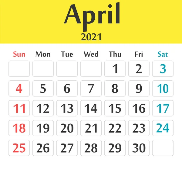 Abril 2021 Modelo Calendário Gráficos Vetoriais —  Vetores de Stock