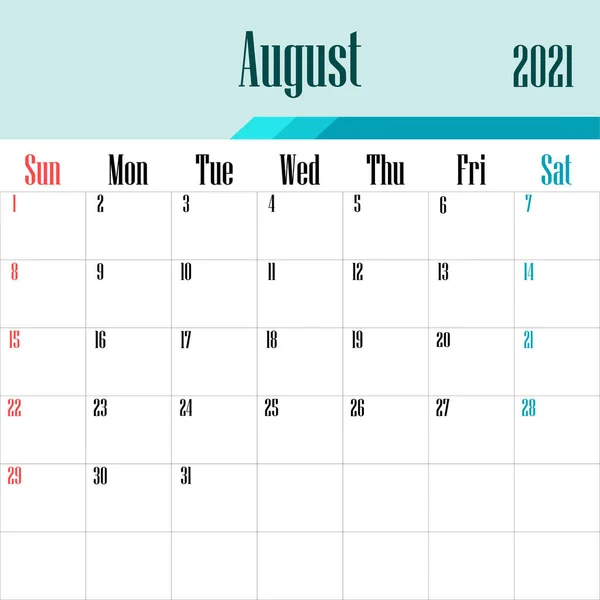 Ağustos 2021 takvim vektör grafikleri