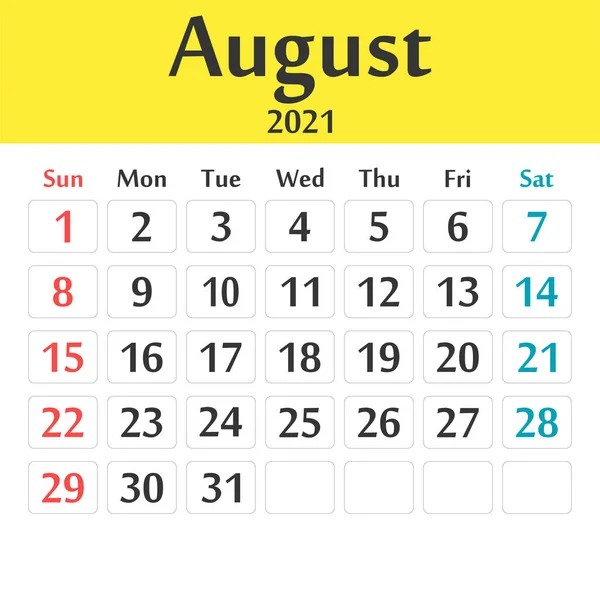 Αύγουστος 2021 Πρότυπο Ημερολόγιο Διανυσματικά Γραφικά — Διανυσματικό Αρχείο