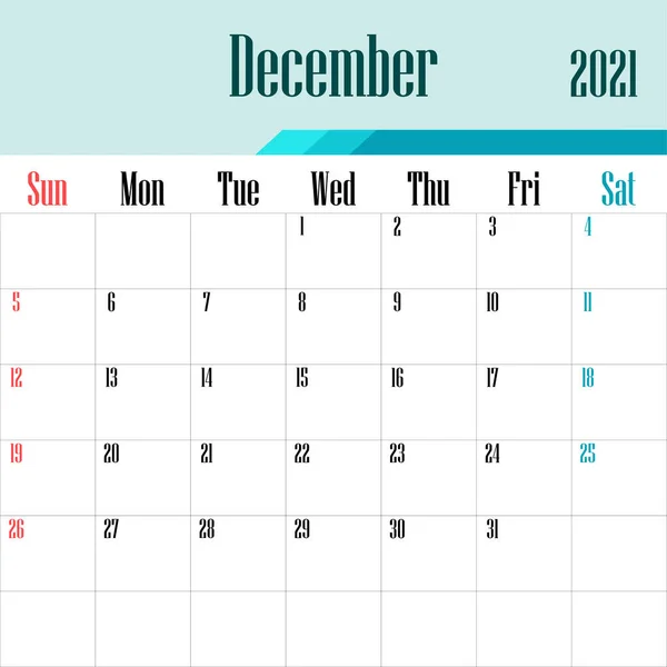 Δεκέμβριος 2021 Πρότυπο Ημερολόγιο Διανυσματικά Γραφικά — Διανυσματικό Αρχείο