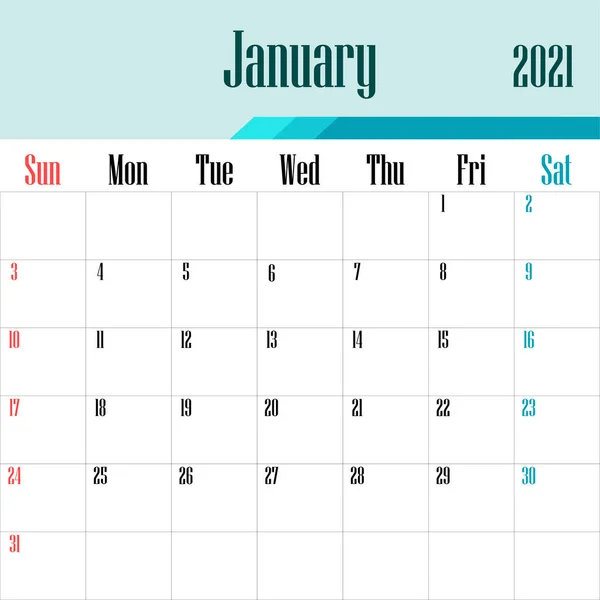 Ιανουάριος 2021 Πρότυπο Ημερολόγιο Διανυσματικά Γραφικά — Διανυσματικό Αρχείο