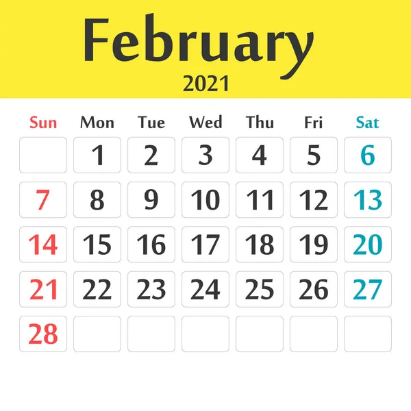 Fevereiro 2021 Modelo Calendário Gráficos Vetoriais —  Vetores de Stock