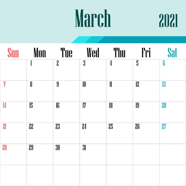 Março 2021 Modelo Calendário Gráficos Vetoriais —  Vetores de Stock