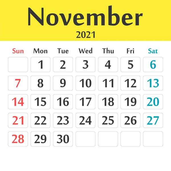 Νοέμβριος 2021 Πρότυπο Ημερολόγιο Διανυσματικά Γραφικά — Διανυσματικό Αρχείο