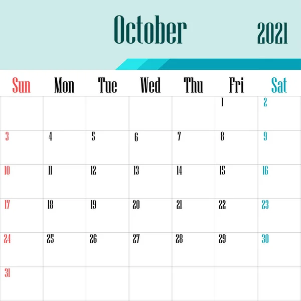 Outubro 2021 Modelo Calendário Gráficos Vetoriais —  Vetores de Stock