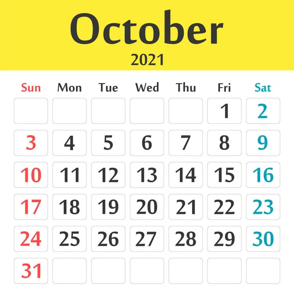 Οκτώβριος 2021 Πρότυπο Ημερολόγιο Διανυσματικά Γραφικά — Διανυσματικό Αρχείο