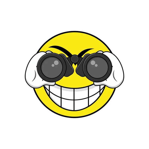 Yellow Face Emoticon Evil Laugh Using Binoculars Vector Graphics — Stock Vector