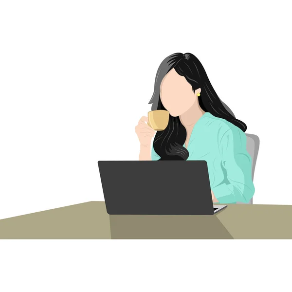 Güzel kız kahve içiyor ve dizüstü bilgisayar vektör grafiklerine bakıyor.