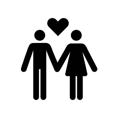 loving couple icon, woman and man silhouette with a heart symbol, simple family vector sign