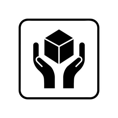 Dikkat ambalaj sembolü, bir kutu simgesini çevreleyen iki el, siyah işaret, vektör çıkartması