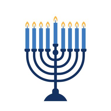 Menorah Hanuka sembolü, Beyaz Arkaplanda Dokuz Aydınlık Mum, Yahudi bayramı geleneksel dekoru.