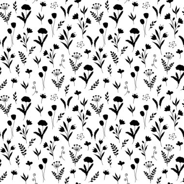 Çiçek siluetleri siyah ve beyaz pürüzsüz desen, bahar çiçeği vektör arkaplan