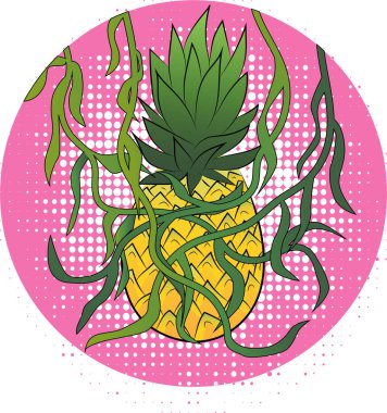 Ananas ve yeşil yapraklar. Sulu, taze, sağlıklı, sarı meyve. Pembe arka plan. Grafik tasarım sanat illüstrasyonu tişört baskısı olarak kullanılabilir. Renkli ve parlak tasarım. 