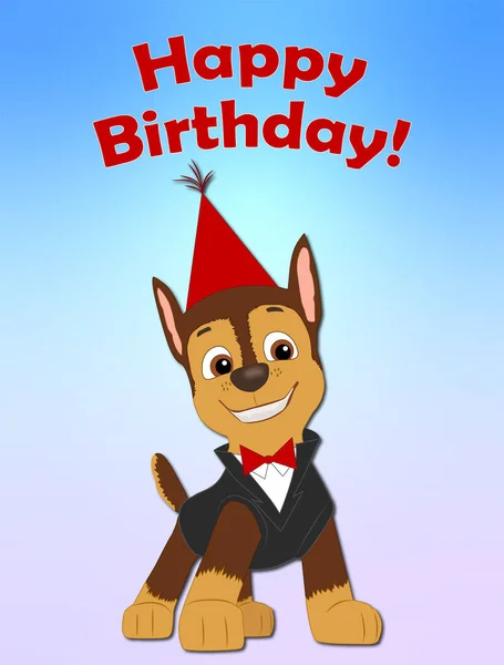 足のパトロールチェイスからの幸せな誕生日 漫画のキャラクターを持つ子供のための誕生日カード 子犬と赤い蝶ネクタイと黒のスーツ — ストック写真