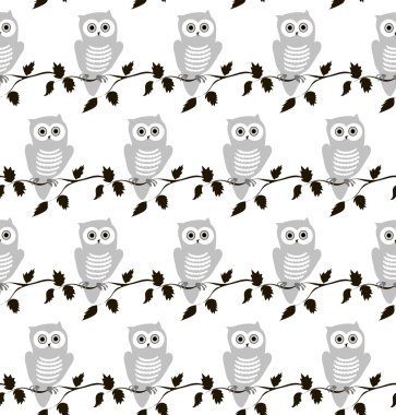 Vektör gri baykuş seamless modeli, gri baykuş beyaz arka planda siyah dalı