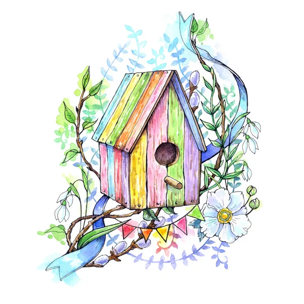 Birdhouse met lente decoraties — Stockfoto