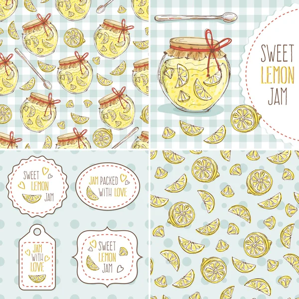 Set of cute jar with lemon jam — Stock Vector