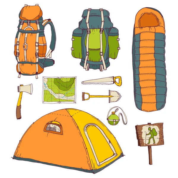 Picnic, viaje, conjunto de objetos de camping — Vector de stock