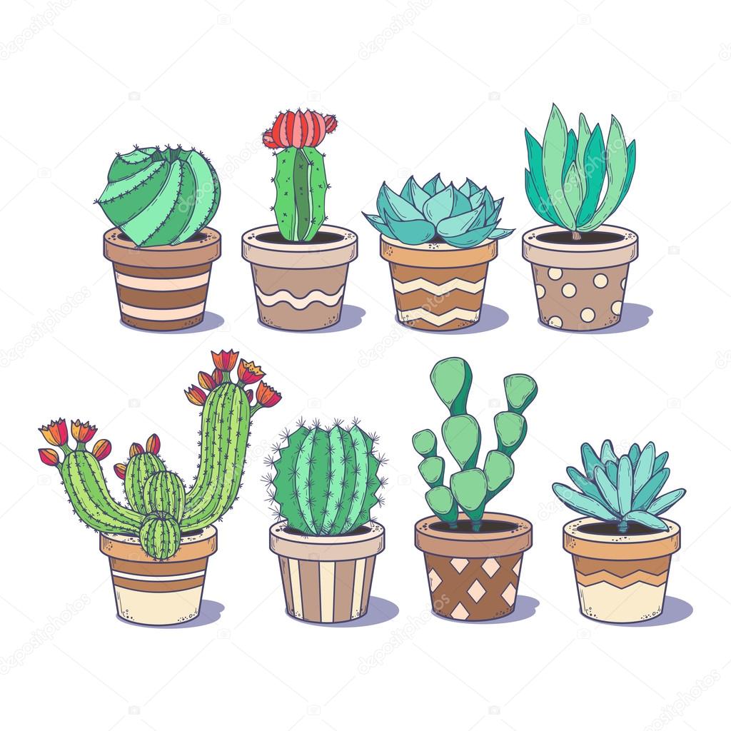 conjunto de cactos coloridos bonitos, vasos de plantas. coleção de