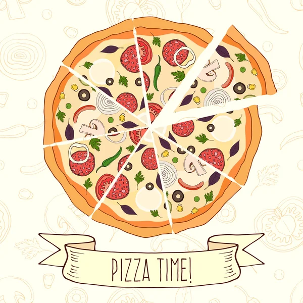 Pizza em fatias e ingredientes de pizza —  Vetores de Stock