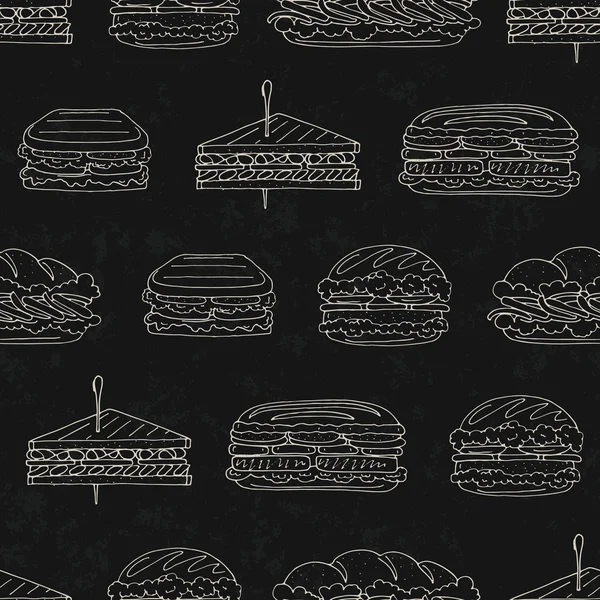 Sandwiches and hamburger on black grunge background — Stock Vector