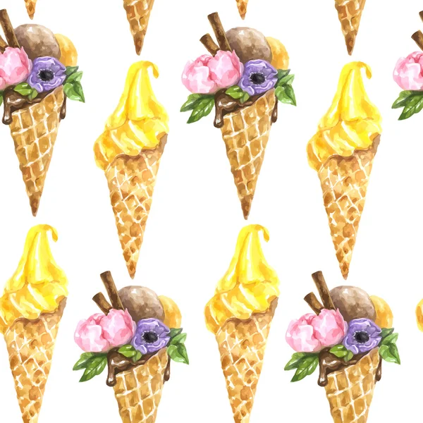 水彩のアイスクリームとパターン — ストックベクタ