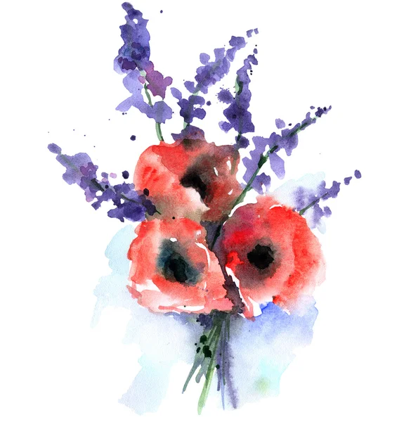 Watercolor poppies and lavender bouquet — Stock Photo, Image