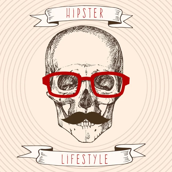 Hipster skull with glasses and mustache — Stock Vector