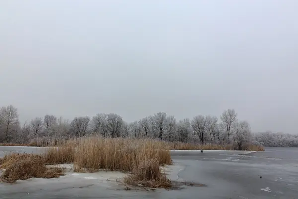 Clima freddo. inverno nel villaggio. ghiaccio sul lago — Foto Stock