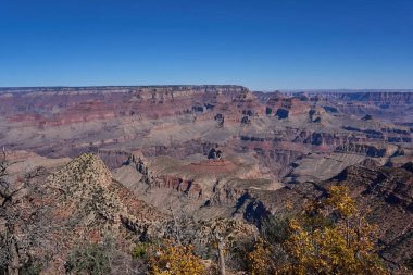 Büyük Kanyon, ABD - 20 Ekim 2025 - Açık mavi gökyüzü altında Genişletici Büyük Kanyon manzarası, katmanlı kaya oluşumları ve kurak bitki örtüsü
